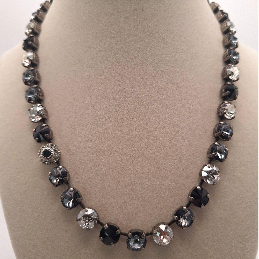 Vintage rhinestone necklace black gray clear faceted stones silver tone 50s